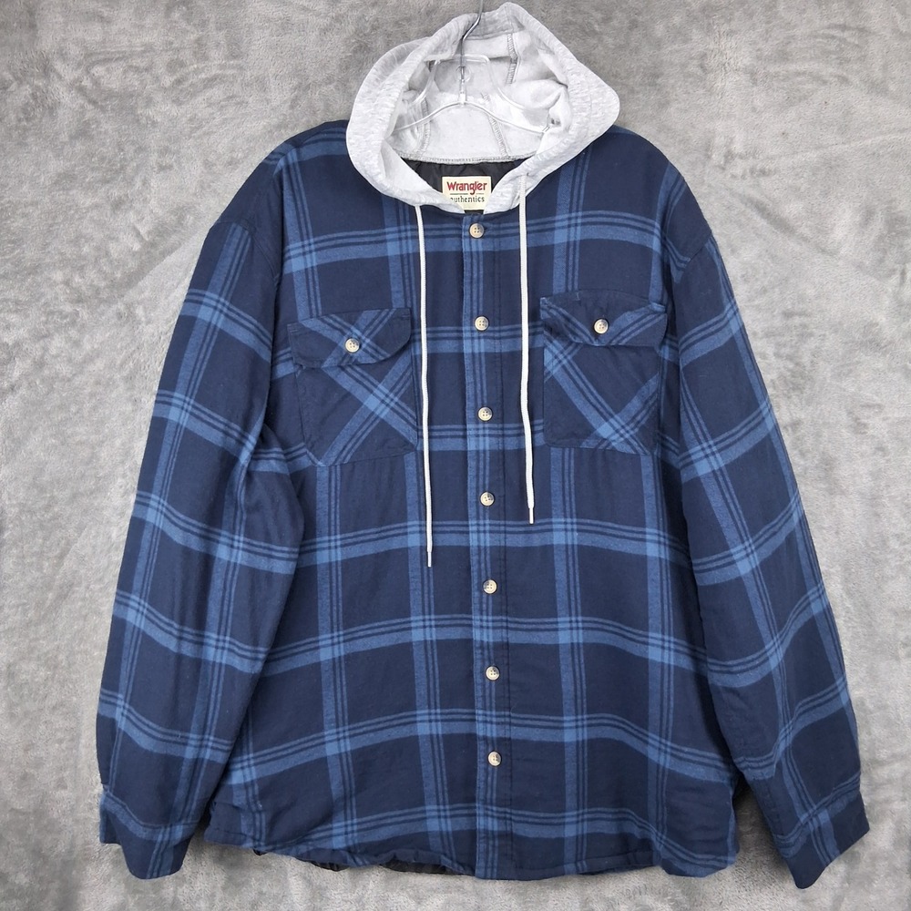 Wrangler Authentics Mens XL Blue Plaid Quilted Lined Flannel Hooded Jacket Shirt
